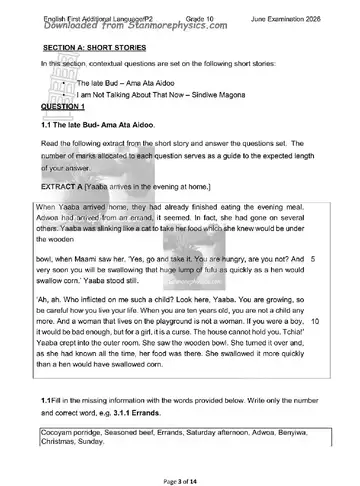 English HL FAL Grade 10 June 2026 Paper 2: First Additional Language (KwaZulu-Natal) question paper, first page of questions