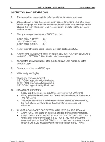 English HL FAL Grade 11  2019 Paper 2 question paper, first page of questions