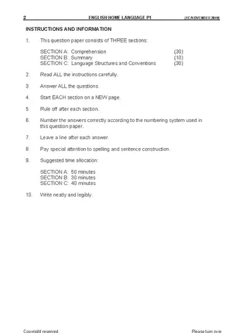 English HL FAL Grade 11 November 2019 Paper 1 question paper, first page of questions