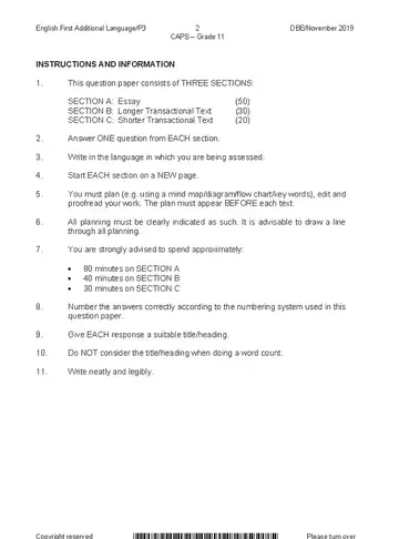 English HL FAL Grade 11 November 2019 Paper 3 question paper, first page of questions