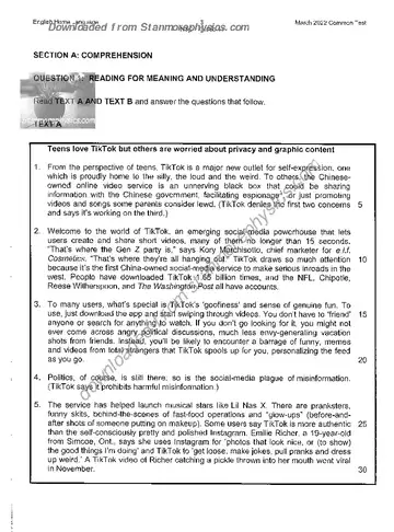 English HL FAL Grade 11 March Test 2022 question paper, first page of questions
