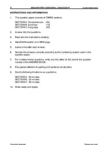 English HL FAL Grade 11 November 2022 Paper 1 question paper, first page of questions