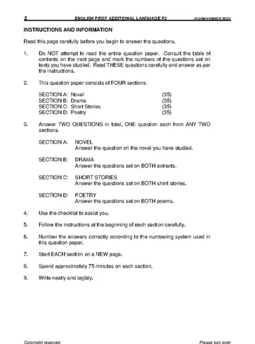 English HL FAL Grade 11 November 2022 Paper 2 question paper, first page of questions