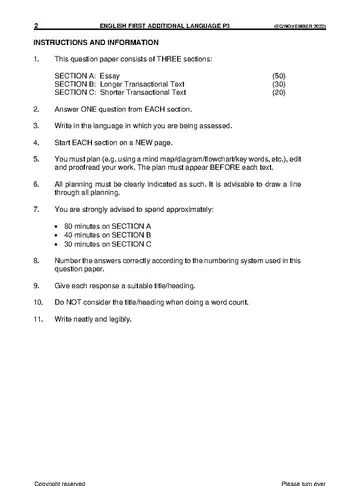 English HL FAL Grade 11 November 2022 Paper 3 question paper, first page of questions