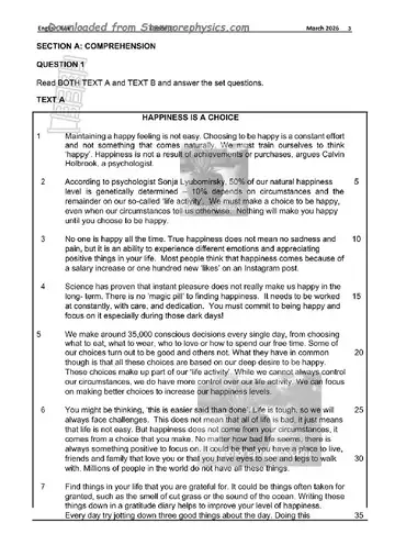 English HL FAL Grade 11 March Test 2026 (Limpopo) question paper, first page of questions