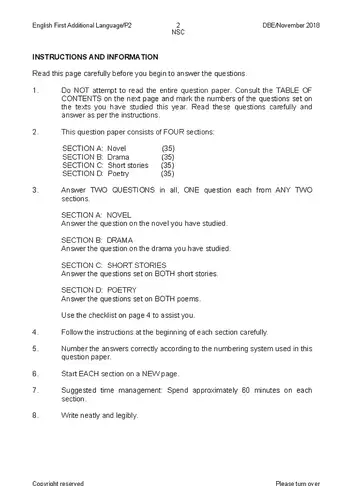 English HL FAL Grade 12 November 2018 Paper 2 (National DBE) question paper, first page of questions