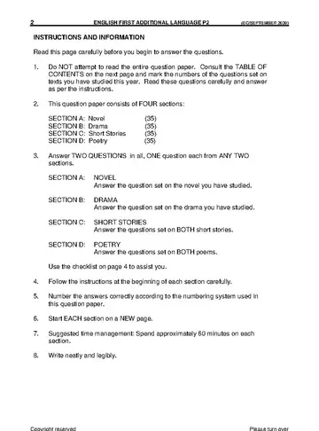 English HL FAL Grade 12 September Trial 2020 Paper 2 question paper, first page of questions