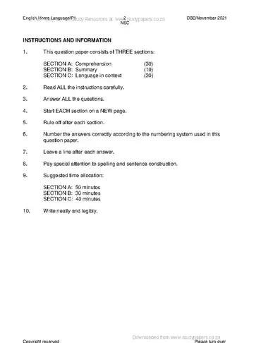 English HL FAL Grade 12 November 2021 Paper 1 (National DBE) question paper, first page of questions
