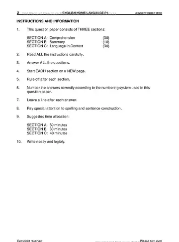 English HL FAL Grade 12 September Trial 2022 Paper 1 question paper, first page of questions