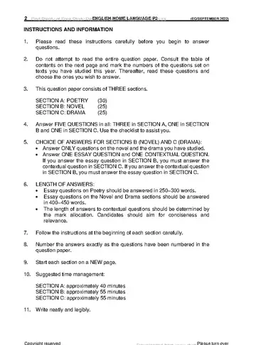 English HL FAL Grade 12 September Trial 2022 Paper 2 question paper, first page of questions