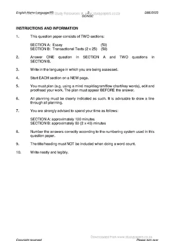 English HL FAL Grade 12 May/June 2023 Paper 3 question paper, first page of questions
