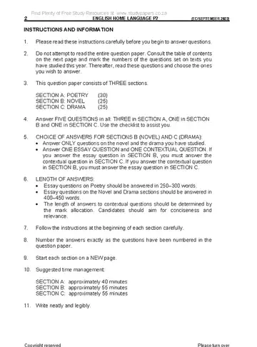 English HL FAL Grade 12 September Trial 2023 Paper 2 question paper, first page of questions