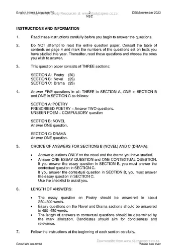 English HL FAL Grade 12 November 2023 Paper 2 (National DBE) question paper, first page of questions