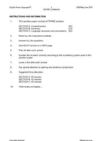 English HL FAL Grade 12 May/June 2025 Paper 1 question paper, first page of questions
