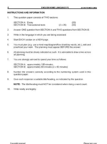 English HL FAL Grade 12 September Trial 2025 Paper 3 question paper, first page of questions