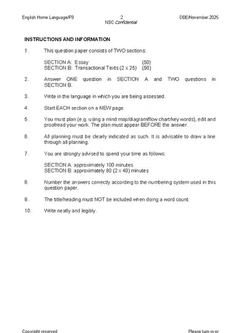 English HL FAL Grade 12 November 2025 Paper 3 (National DBE) question paper, first page of questions