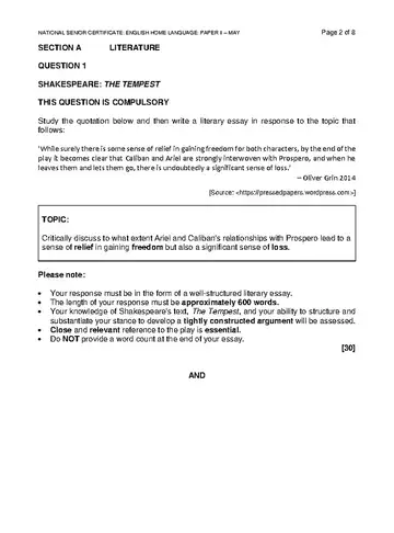 IEB English Home Language Grade 12 May/June 2023 Paper 2 (IEB) question paper, first page of questions