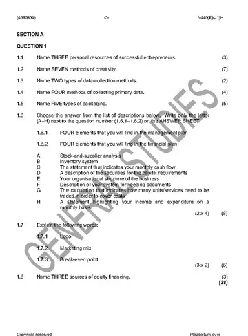 Entrepreneurship and Business Management N4 June 2016 Paper 1 question paper, first page of questions