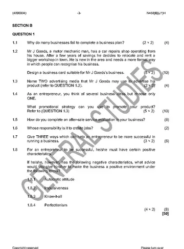 Entrepreneurship and Business Management N4 June 2016 Paper 2 question paper, first page of questions