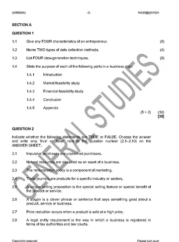 Entrepreneurship and Business Management N4 November 2016 Paper 1 question paper, first page of questions