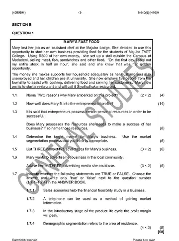 Entrepreneurship and Business Management N4 November 2016 Paper 2 question paper, first page of questions