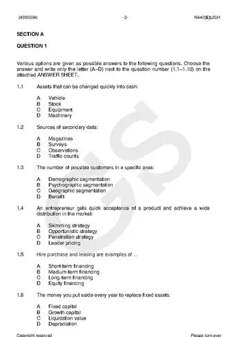 Entrepreneurship and Business Management N4 June 2018 Paper 1 question paper, first page of questions
