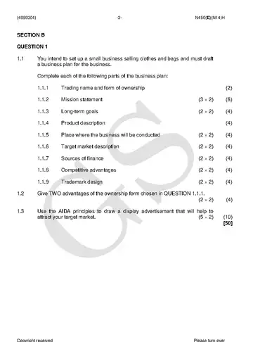 Entrepreneurship and Business Management N4 November 2018 Paper 2 question paper, first page of questions