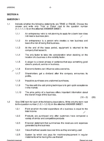 Entrepreneurship and Business Management N4 June 2019 Paper 1 question paper, first page of questions