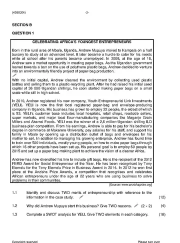 Entrepreneurship and Business Management N4 June 2019 Paper 2 question paper, first page of questions