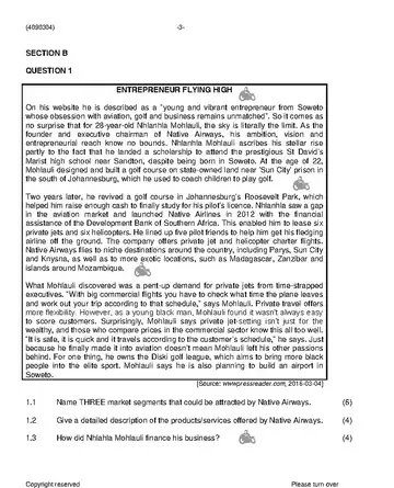 Entrepreneurship and Business Management N4 November 2019 Paper 2 question paper, first page of questions