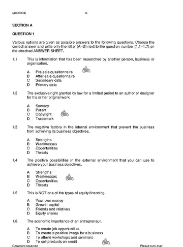 Entrepreneurship and Business Management N4 November 2020 Paper 1 question paper, first page of questions