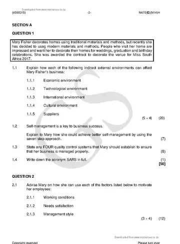 Entrepreneurship and Business Management N5 November 2018 Paper 2 question paper, first page of questions