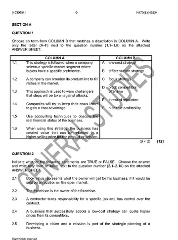 Entrepreneurship and Business Management N6 November 2016 Paper 1 question paper, first page of questions