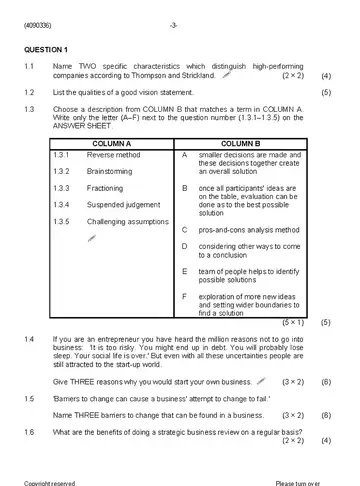 Entrepreneurship and Business Management N6 June 2019 Paper 1 question paper, first page of questions