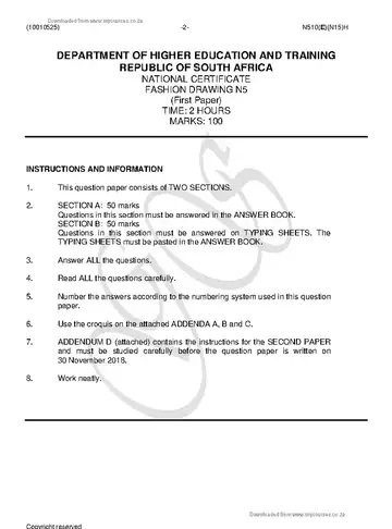 Fashion Drawing N5 November 2018 Paper 1 question paper, first page of questions