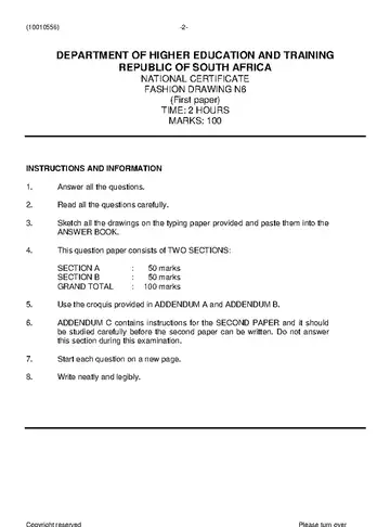 Fashion Drawing N6 November 2020 Paper 1 question paper, first page of questions