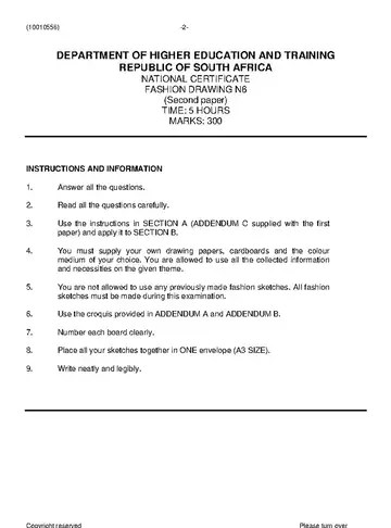 Fashion Drawing N6 November 2020 Paper 2 question paper, first page of questions