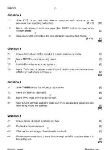 Fault Finding and Protective Devices N4 August 2019 question paper, first page of questions