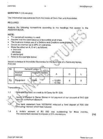 Financial Accounting N4 November 2014 question paper, first page of questions