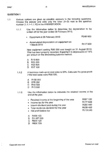 Financial Accounting N6 June 2013 question paper, first page of questions