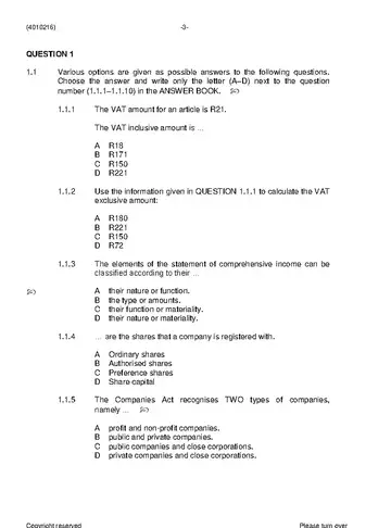 Financial Accounting N6 June 2019 question paper, first page of questions