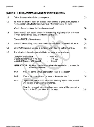 Financial Management Farming N4 November 2018 question paper, first page of questions
