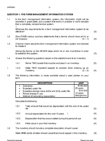 Financial Management Farming N4 June 2019 question paper, first page of questions