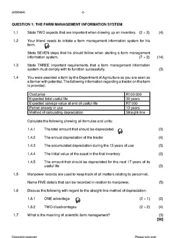 Financial Management Farming N4 June 2021 question paper, first page of questions