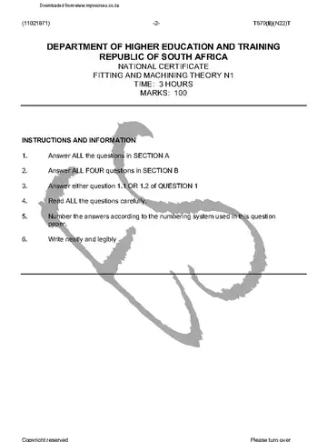Fitting and Machining N1 November 2016 question paper, first page of questions