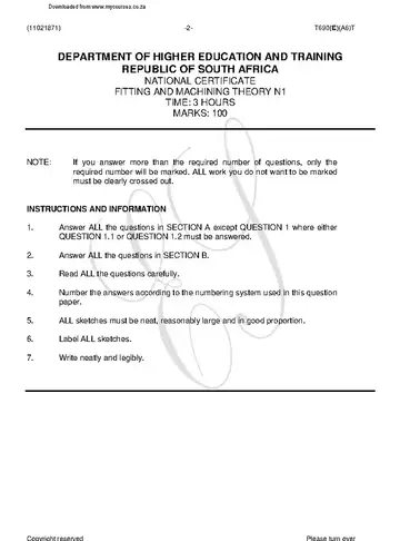 Fitting and Machining N1 April 2018 question paper, first page of questions