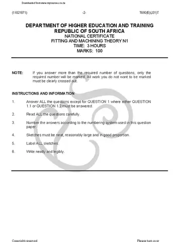Fitting and Machining N1 August 2018 question paper, first page of questions