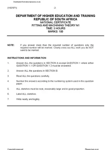 Fitting and Machining N1 August 2019 question paper, first page of questions