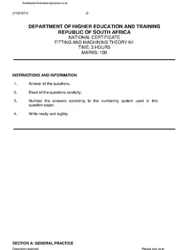 Fitting and Machining N1 April 2021 question paper, first page of questions