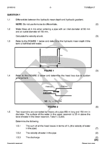 Fluid Mechanics N6 August 2018 question paper, first page of questions